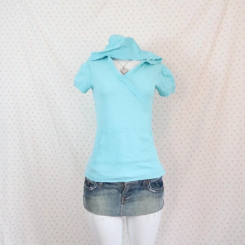Old Navy Blue Wrap Hoodie Top Y2K Short Sleeve - Picture 5 of 5
